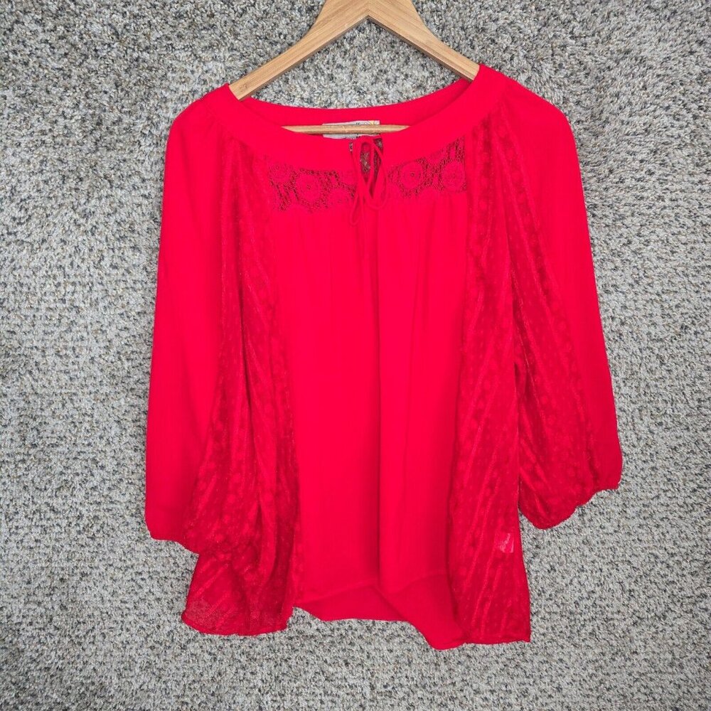 Figueroa & Flower Top Womens Medium Red Peasant Blouse‎ Neck Tie Casual